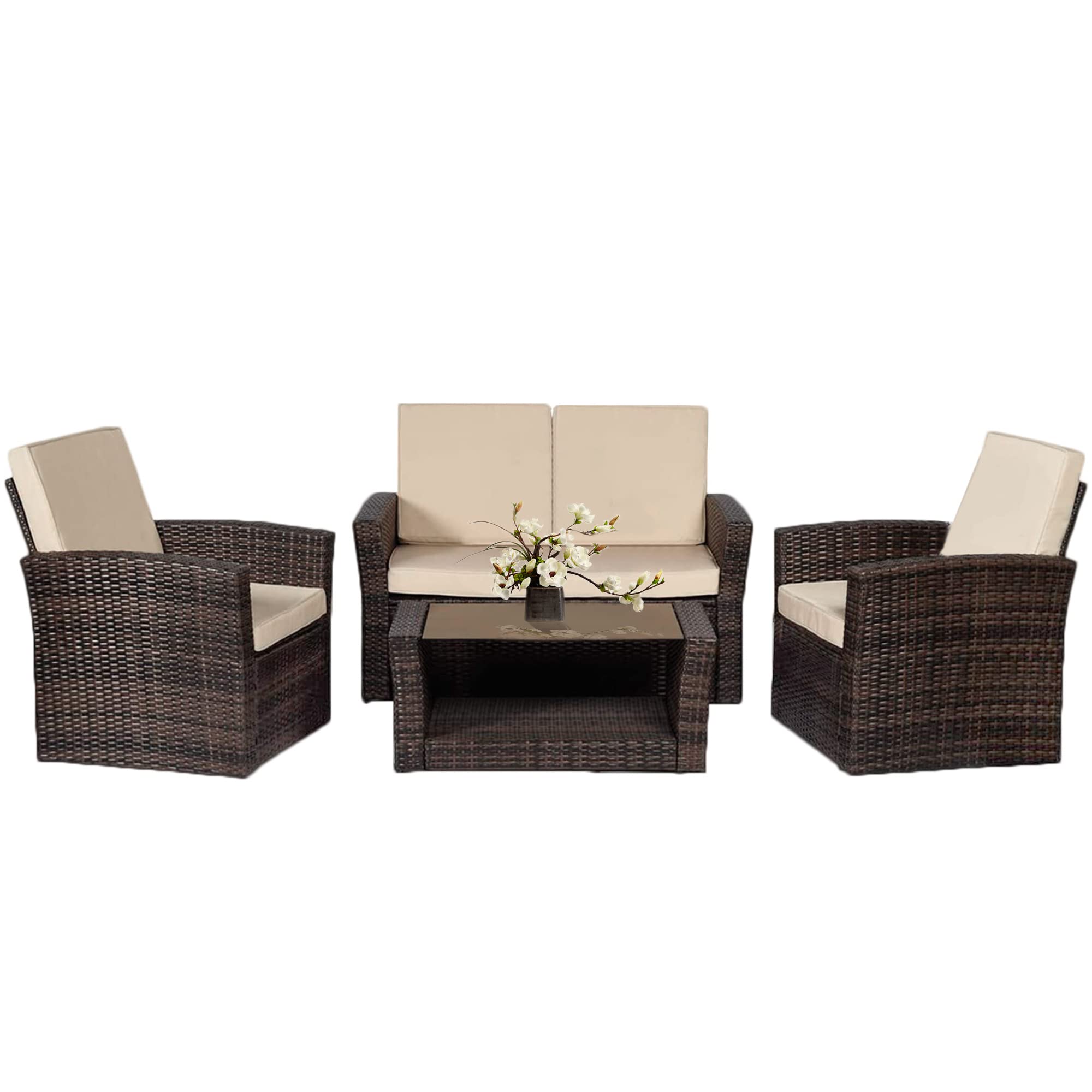 4 Pieces Patio Conversation Set, Outdoor PE Rattan Wicker Sofa Furniture Set with Soft Cushions and Glass Coffee Table for Backyard Lawn Garden Balcony Porch