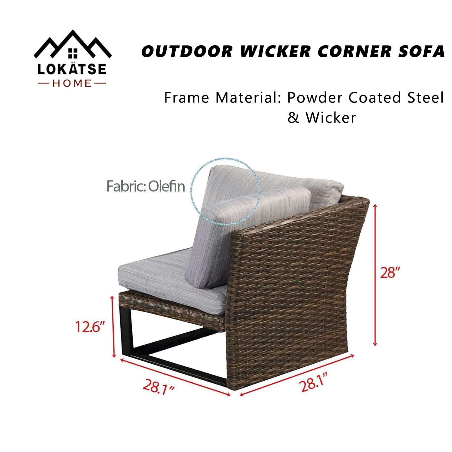 LOKATSE HOME Corner Wicker Chairs Rattan Sofa Outdoor Furniture with Black Metal Steel Frame Legs, Grey