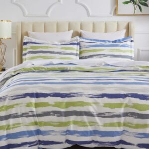 DAUAOTO Queen Size 90"X90" Duvet Cover Set, Print Cotton Teens Kids Bedding, Green Blue Striped