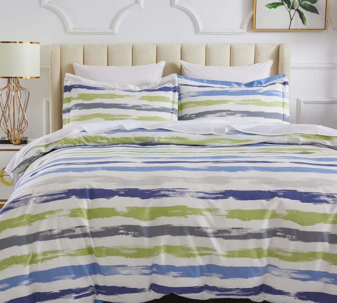 DAUAOTO Queen Size 90"X90" Duvet Cover Set, Print Cotton Teens Kids Bedding, Green Blue Striped