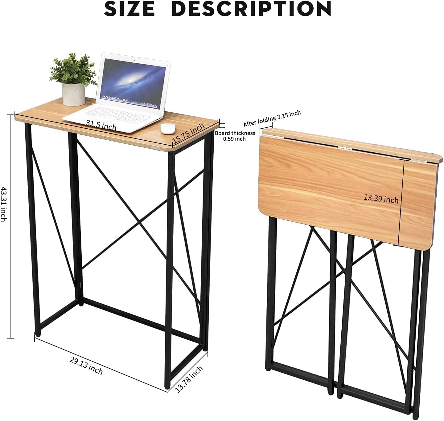 Folding Laptop Computer Desk, Standing Desk, 31in Small Desk for Sitting or Standing, No Need to Assembly, Suitable for Home, Office, Writing (Wood Board Color)