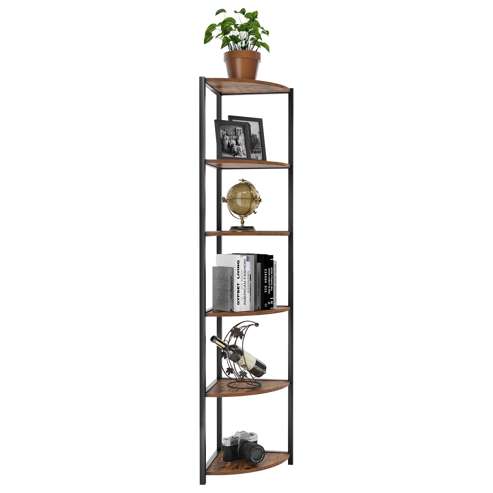 SogesHome 6-Tier Corner Shelf, Industrial Wood Corner Bookcase, Corner Storage Bookshelf Rack Shelves Stand for Kitchen, Living-Room, Bedroom, Small Spaces