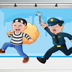 Policeman and Thieves Banner Backdrop Background Pretend Play Party Game Photo Booth Props Cops and Thieves Theme Decor Graduation 1st Birthday Party Baby Shower Favors Supplies Decorations, Multi