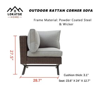 LOKATSE HOME Rattan Corner Sofa X Shape Leg Outdoor Furniture Right-arm Chair with Cushions for Garden, Pool, Backyard, Brown