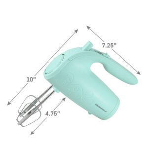 Elite Gourmet EHM003M Maxi-Matic Ultra Power Electric 5-Speed Kitchen Hand Mixer with 2 Extra Wide Stainless Steel Smooth Creamy Whipped Mixtures Plus Convenient, Beater Storage, Mint Blue