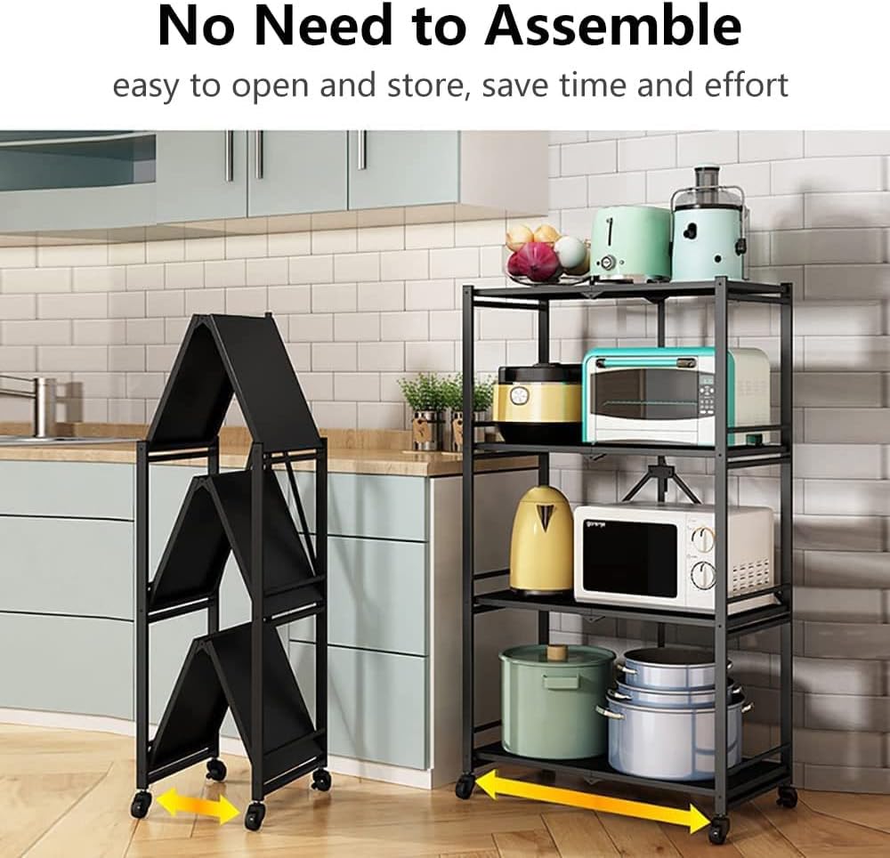 4-Shelf General Purpose Collapsible/Foldable Shelving Unit, Sturdy Storage Rack with Caster Wheels. 4-Tier Organizer, Laundry/kitchen storage shelves, Heavy Duty Metal Frame, No Assemble Needed, White