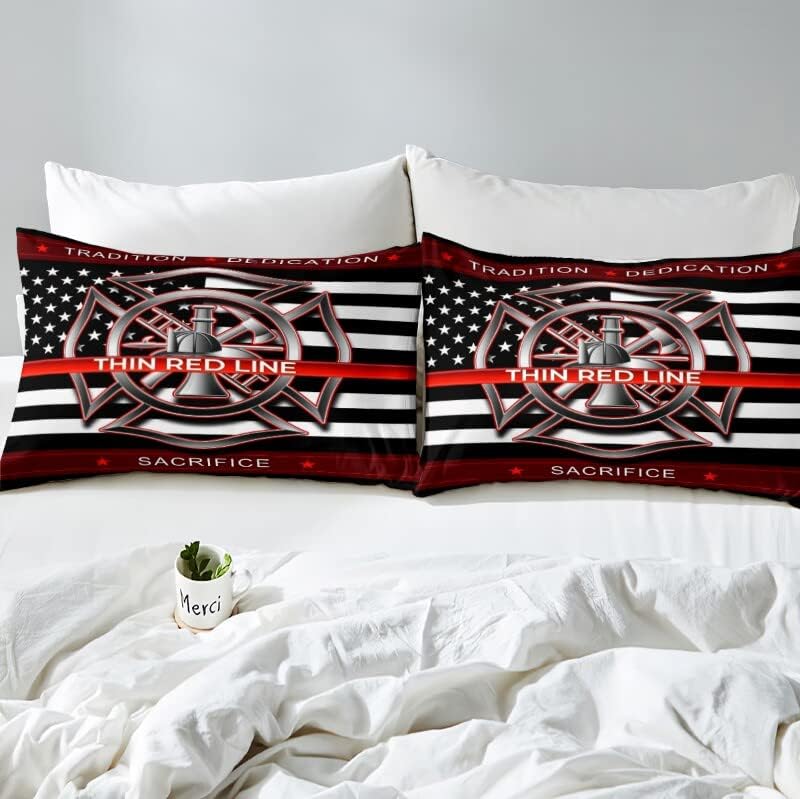 Castle Fairy Firefighter Fire Sign Bedding Set,American Flag Duvet Cover for Kids Teen Boys Girls,Fireman Logo Comforter Cover Decorative Room,Stars Stripes Quilt Cover with 2 Pillowcases,King Size