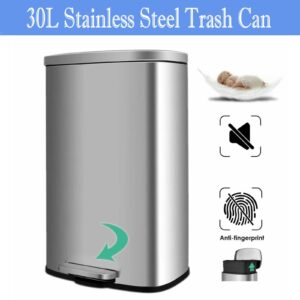 Increkid 8 Gal Trash Can, Stainless Steel Garbage Can with Lid, Step-on Rubbish Bin for Kitchen w/Removable Plastic Inner Bucket, Metal Pedal, Dustbin for Bedroom Livingroom Home Office (Silver)