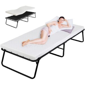 folding bed,rollaway bed with mattress for adults,foldable bed,portable bed,metal bed frame with memory foam mattress, guest bed for bedroom,office,camp,no assembly required,(75" x 31"x14")