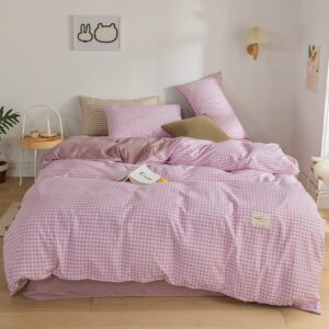 chliearime heicatte checker duvet cover set, lavender check plaid pattern printed, soft microfiber inner fill bedding (4pcs, full 78''x90'')