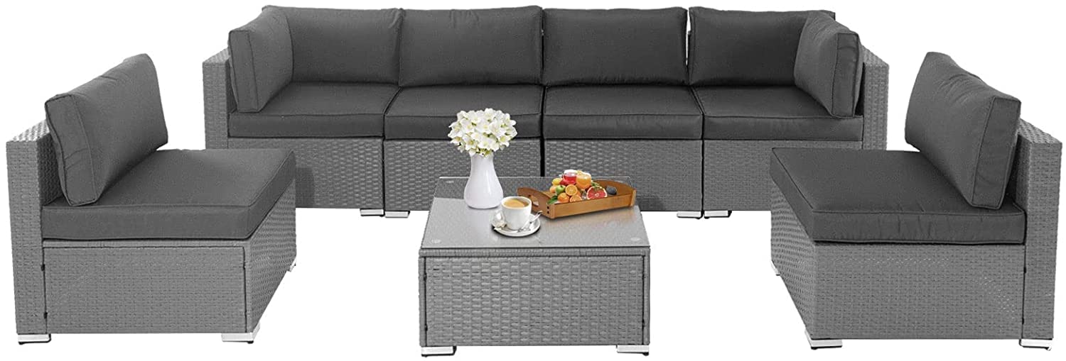 Incbruce 7-Piece Outdoor Furniture Sofa Set, All-Weather Gray Wicker Sectional Couch, Patio Conversation Sets with Glass Coffee Table and Washable Cushions (Grey)