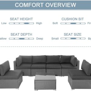 Incbruce 7-Piece Outdoor Furniture Sofa Set, All-Weather Gray Wicker Sectional Couch, Patio Conversation Sets with Glass Coffee Table and Washable Cushions (Grey)