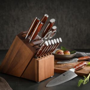 XINZUO Damascus 15-pc Kitchen Knife Set with Acacia Wood Knife Block, 67 Layers Damascus Steel Sharp Professional Cooking Knife Set -Multifunctional Kitchen Shears and Honing Steel -Rosewood Handle