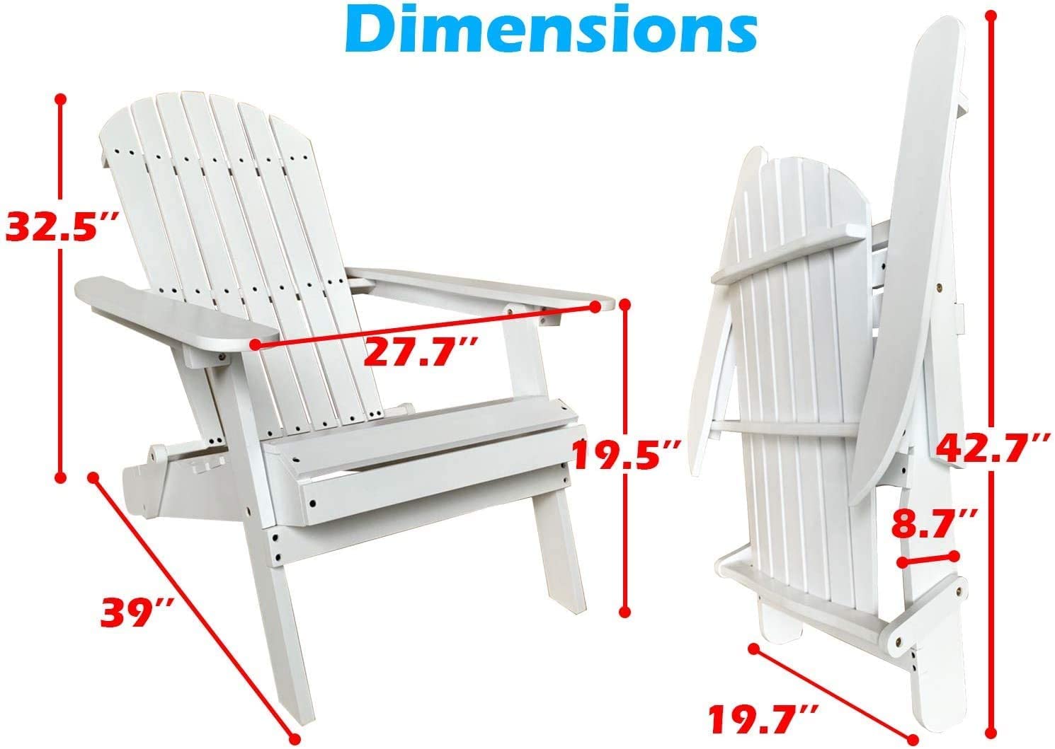 MKDLUFEI Adirondack Chair Folding Weather Resistant Lawn Chair w/Arms, Heavy Duty Weather Resistant Outdoor Patio Chairs Reclining, Widely Used in Outdoor, Fire Pit, Deck, Outside, Garden,