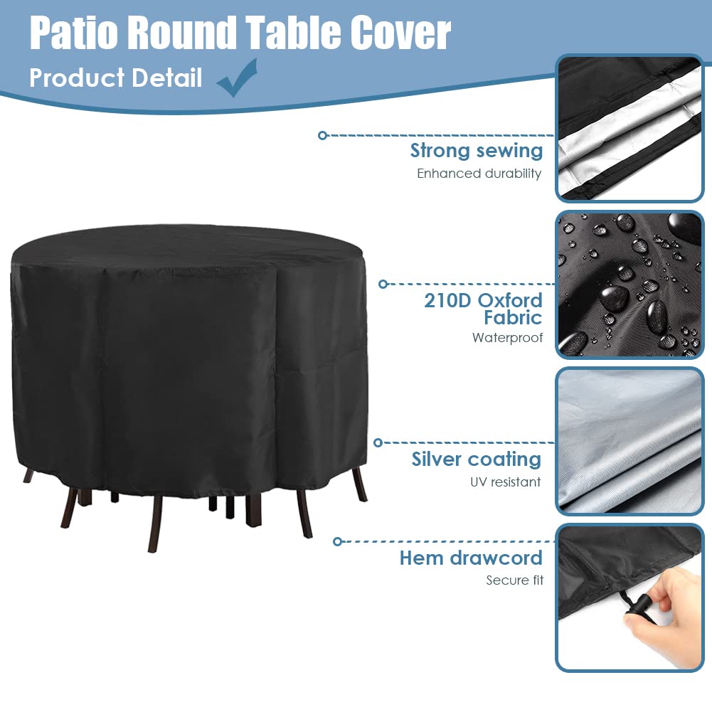 Gicov Patio Round Table Cover for Outdoor Furniture Waterproof Outdoor Table Chair Set Cover Dining Set Cover UV Resistant All Weather Protection with Drawstring Extra Large