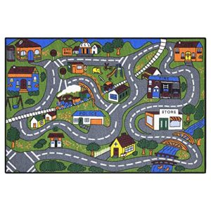 Ottomanson Jenny Collection Non-Slip Rubberback Educational Town Traffic Play Design 3x5 Kid's Area Rug, 3'3" x 5', Green/Multicolor