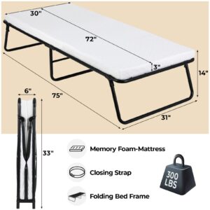 Folding Bed,Rollaway Bed with Mattress for Adults,Foldable Bed,Portable Bed,Metal Bed Frame with Memory Foam Mattress, Guest Bed for Bedroom,Office,Camp,No Assembly Required,(75" x 31"x14")