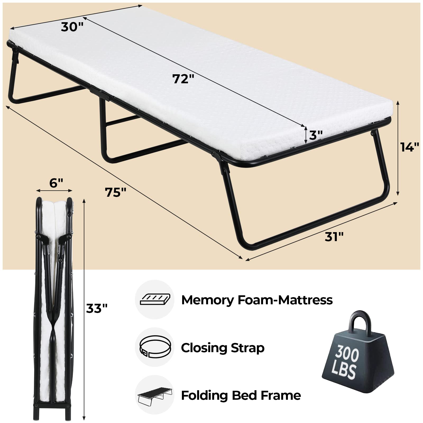 Folding Bed,Rollaway Bed with Mattress for Adults,Foldable Bed,Portable Bed,Metal Bed Frame with Memory Foam Mattress, Guest Bed for Bedroom,Office,Camp,No Assembly Required,(75" x 31"x14")