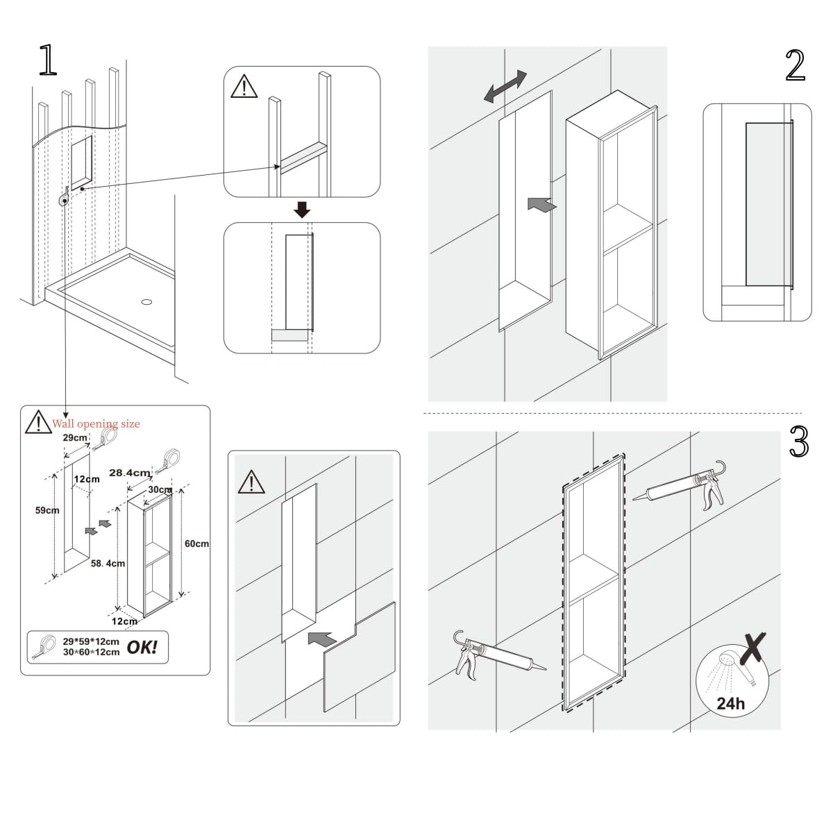 Sunrosa Black Shower Niche Stainless Steel, Ready for Tile, Waterproof 11.8" x 23.6" Bathroom Recessed Niche with 1 Divider, Organizer Storage for Shampoo & Toiletry Storage