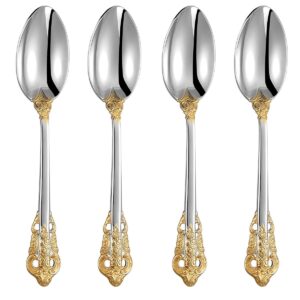 KEAWELL Luxury 7" Tea Spoon, Set of 4, 18/10 Stainless Steel, Sturdy Dessert Spoon, Gorgeous Design with Exceptional Mirror Polished Finish (Gold Accent)