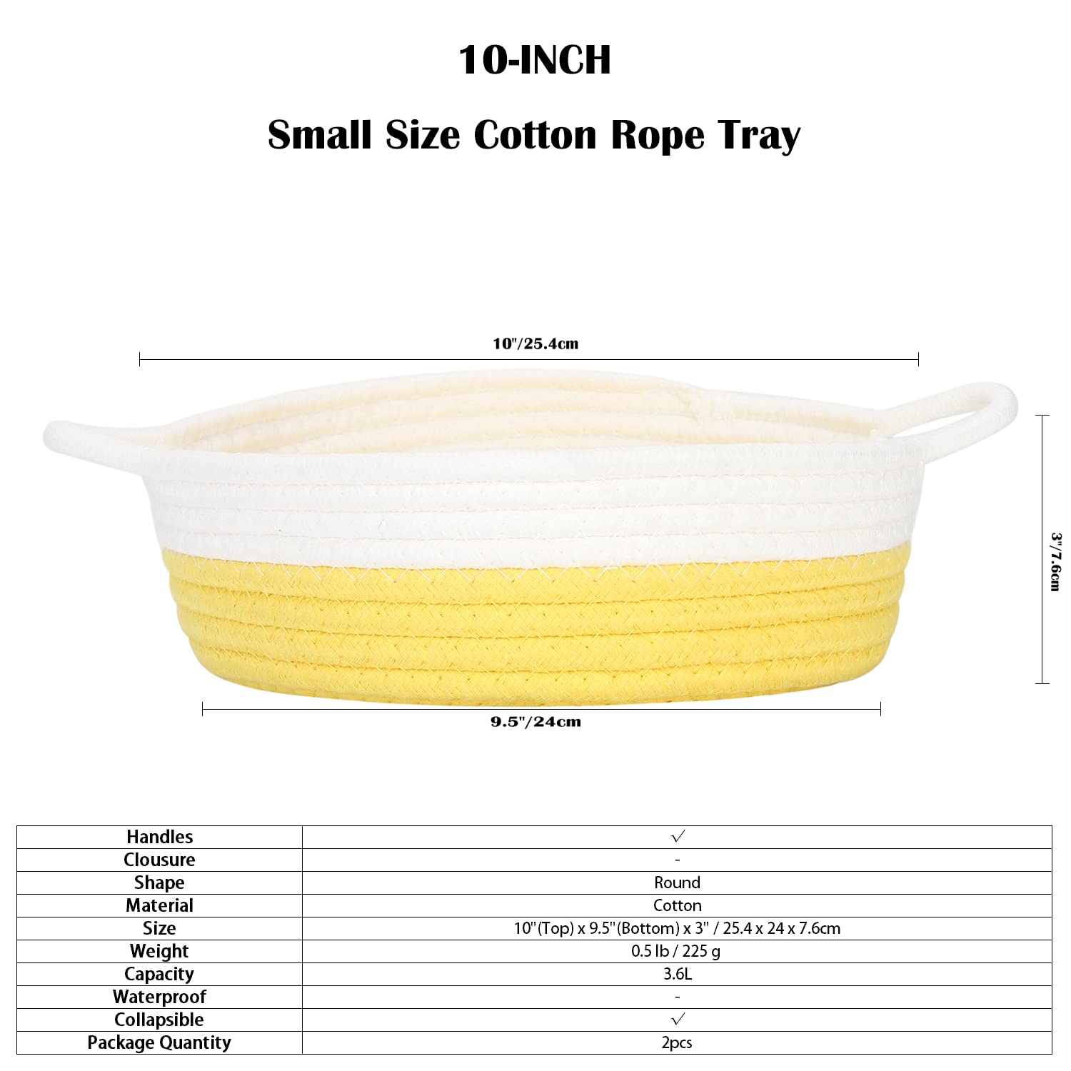 Sea Team 2-Pack Cotton Rope Baskets, 10 x 3 Inches Small Woven Storage Basket, Fabric Tray, Bowl, Round Open Dish for Fruits, Jewelry, Keys, Sewing Kits (Yellow & White)