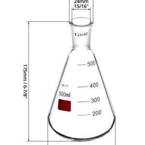 QWORK 500 mL Borosilicate Glass Erlenmeyer Flask, Thick Wall Flask with 24/40 Outer Joint