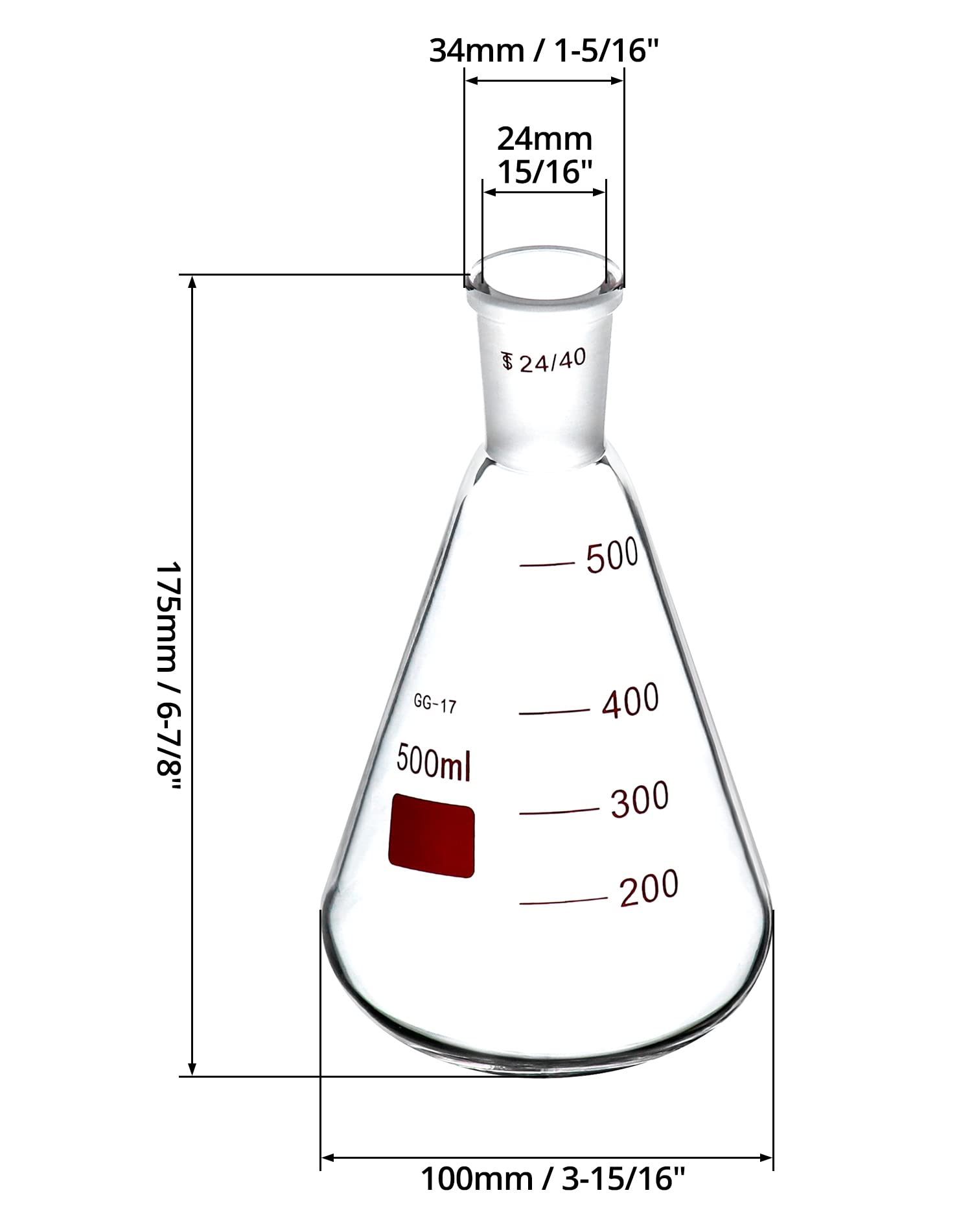 QWORK 500 mL Borosilicate Glass Erlenmeyer Flask, Thick Wall Flask with 24/40 Outer Joint