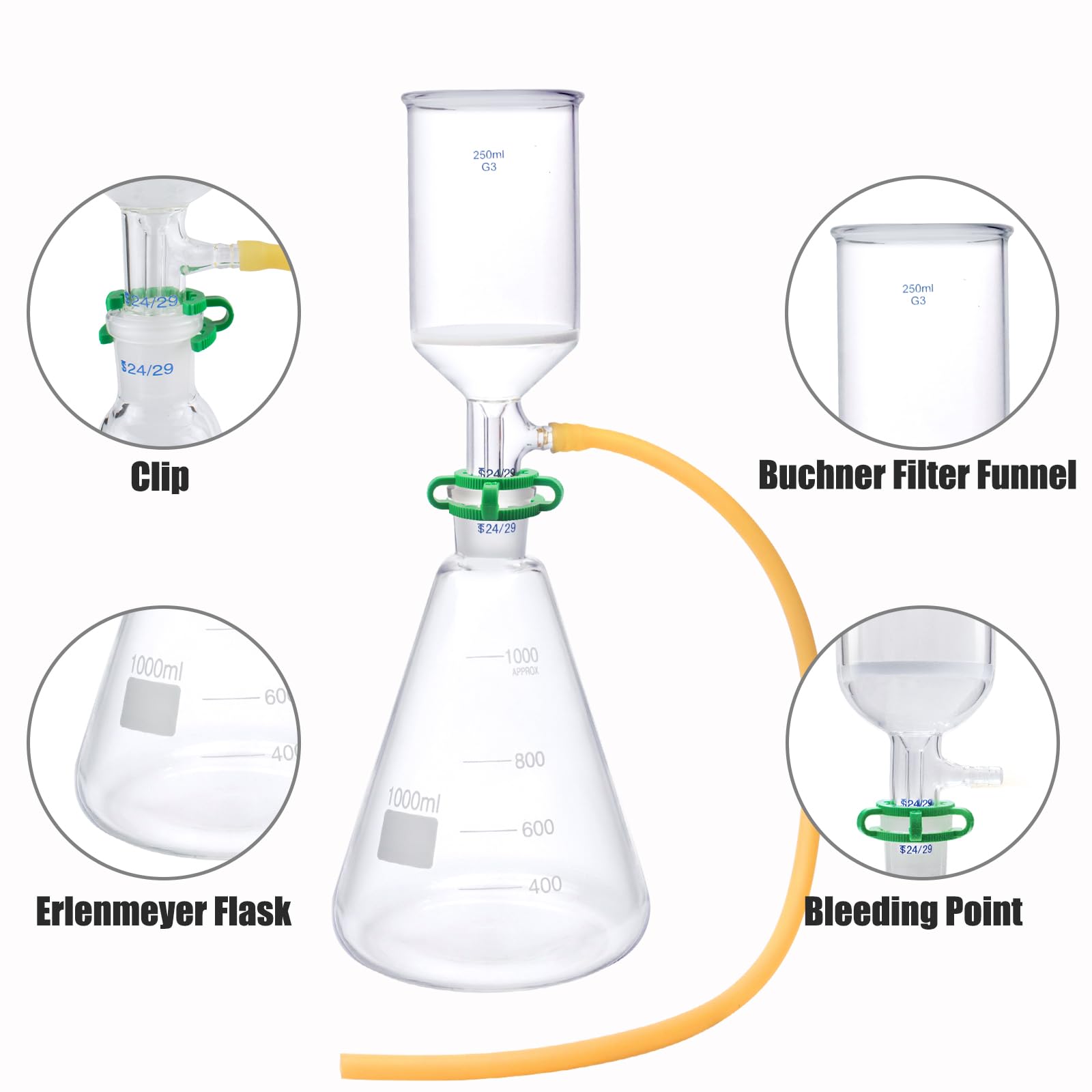 Buchner Funnel Filtering Kit with 1000 ml Filter Bottle and 250 ml Buchner Funnel, G3 Borosilicate Glass Lab Vacuum Filtration Distillation Apparatus Filter Flask Set