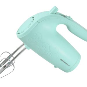 Elite Gourmet EHM003M Maxi-Matic Ultra Power Electric 5-Speed Kitchen Hand Mixer with 2 Extra Wide Stainless Steel Smooth Creamy Whipped Mixtures Plus Convenient, Beater Storage, Mint Blue