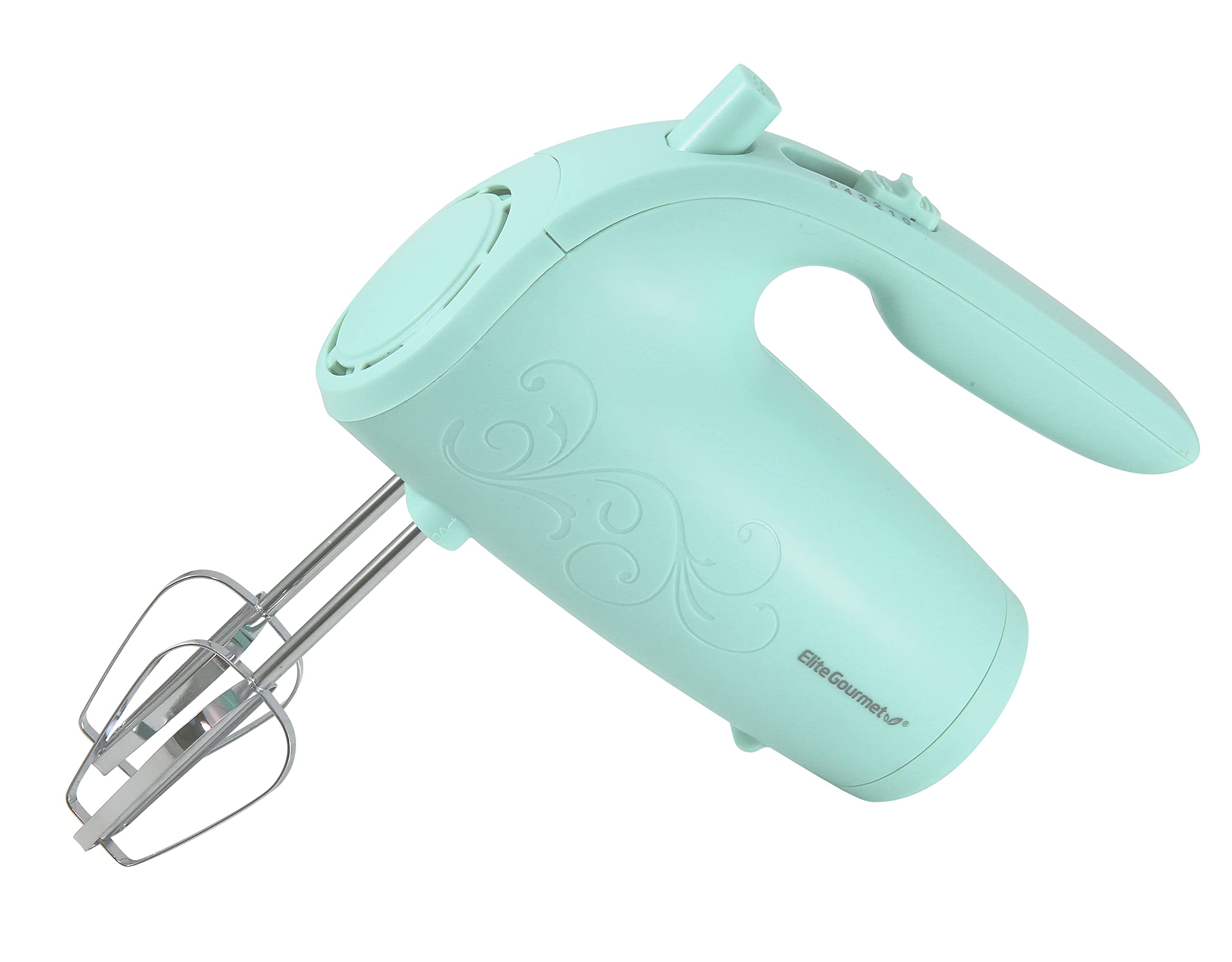 Elite Gourmet EHM003M Maxi-Matic Ultra Power Electric 5-Speed Kitchen Hand Mixer with 2 Extra Wide Stainless Steel Smooth Creamy Whipped Mixtures Plus Convenient, Beater Storage, Mint Blue