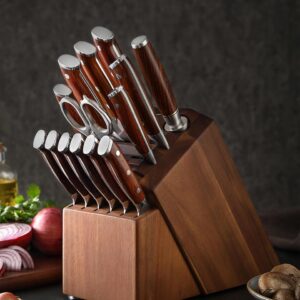 XINZUO Damascus 15-pc Kitchen Knife Set with Acacia Wood Knife Block, 67 Layers Damascus Steel Sharp Professional Cooking Knife Set -Multifunctional Kitchen Shears and Honing Steel -Rosewood Handle