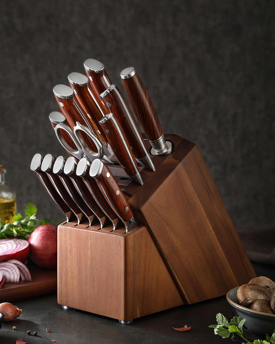 XINZUO Damascus 15-pc Kitchen Knife Set with Acacia Wood Knife Block, 67 Layers Damascus Steel Sharp Professional Cooking Knife Set -Multifunctional Kitchen Shears and Honing Steel -Rosewood Handle