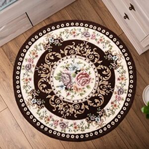 Tyrafry 4ft Floral Round Area Rug Classic Non-Slip Machine Washable Room Mat Sustainable Kitchen Rug Traditional Area Rug for Living Room, Brown