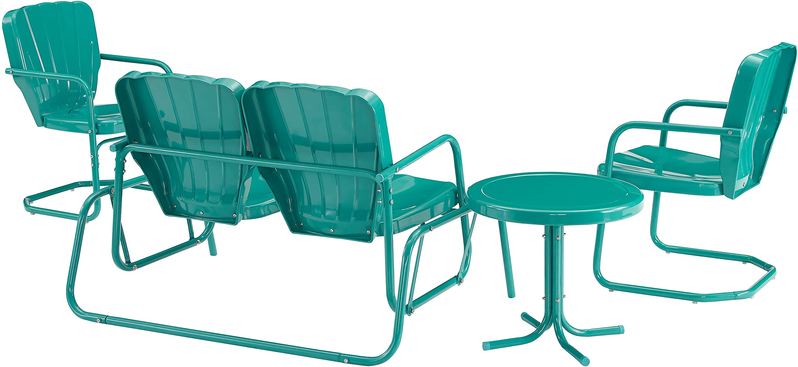 Crosley Furniture Ridgeland 4-Piece Retro Metal Outdoor Loveseat Glider Patio Furniture Set for Porch, Deck, Turquoise Gloss