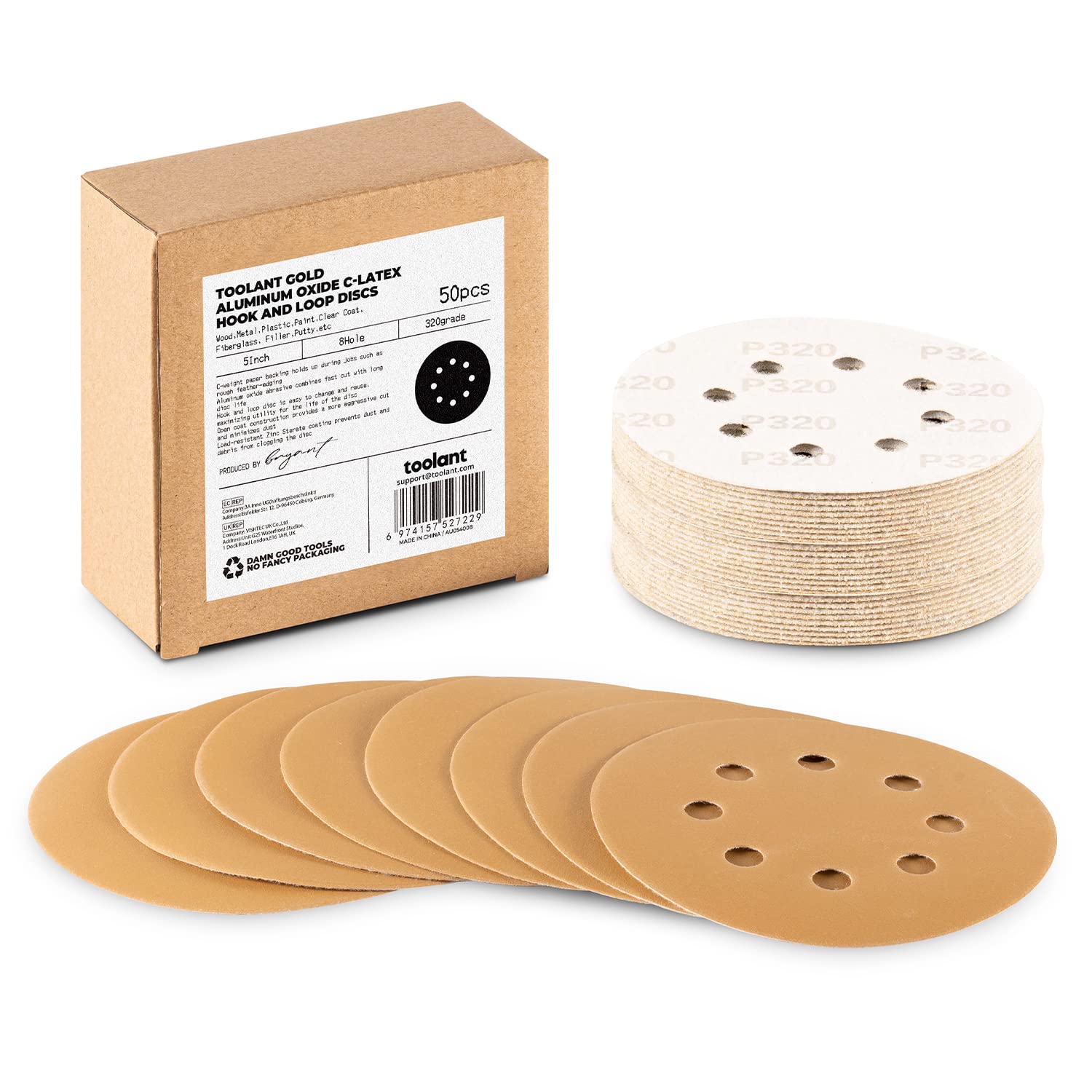 5 Inch 320 Grit Sanding Disc, 8 Hole Hook and Loop Aluminum Oxide Sanding Discs for Disc Sanders & Orbital Sanders - 50 Pack by toolant