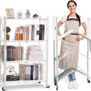 4-Shelf General Purpose Collapsible/Foldable Shelving Unit, Sturdy Storage Rack with Caster Wheels. 4-Tier Organizer, Laundry/kitchen storage shelves, Heavy Duty Metal Frame, No Assemble Needed, White