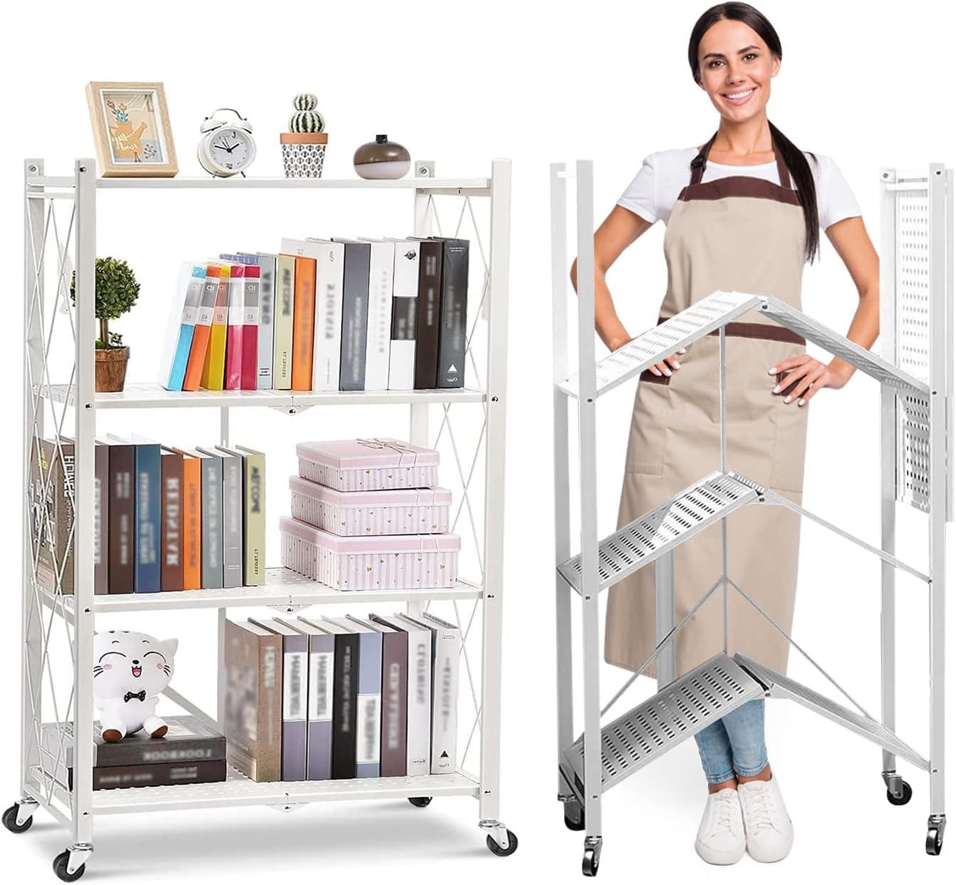 4-Shelf General Purpose Collapsible/Foldable Shelving Unit, Sturdy Storage Rack with Caster Wheels. 4-Tier Organizer, Laundry/kitchen storage shelves, Heavy Duty Metal Frame, No Assemble Needed, White