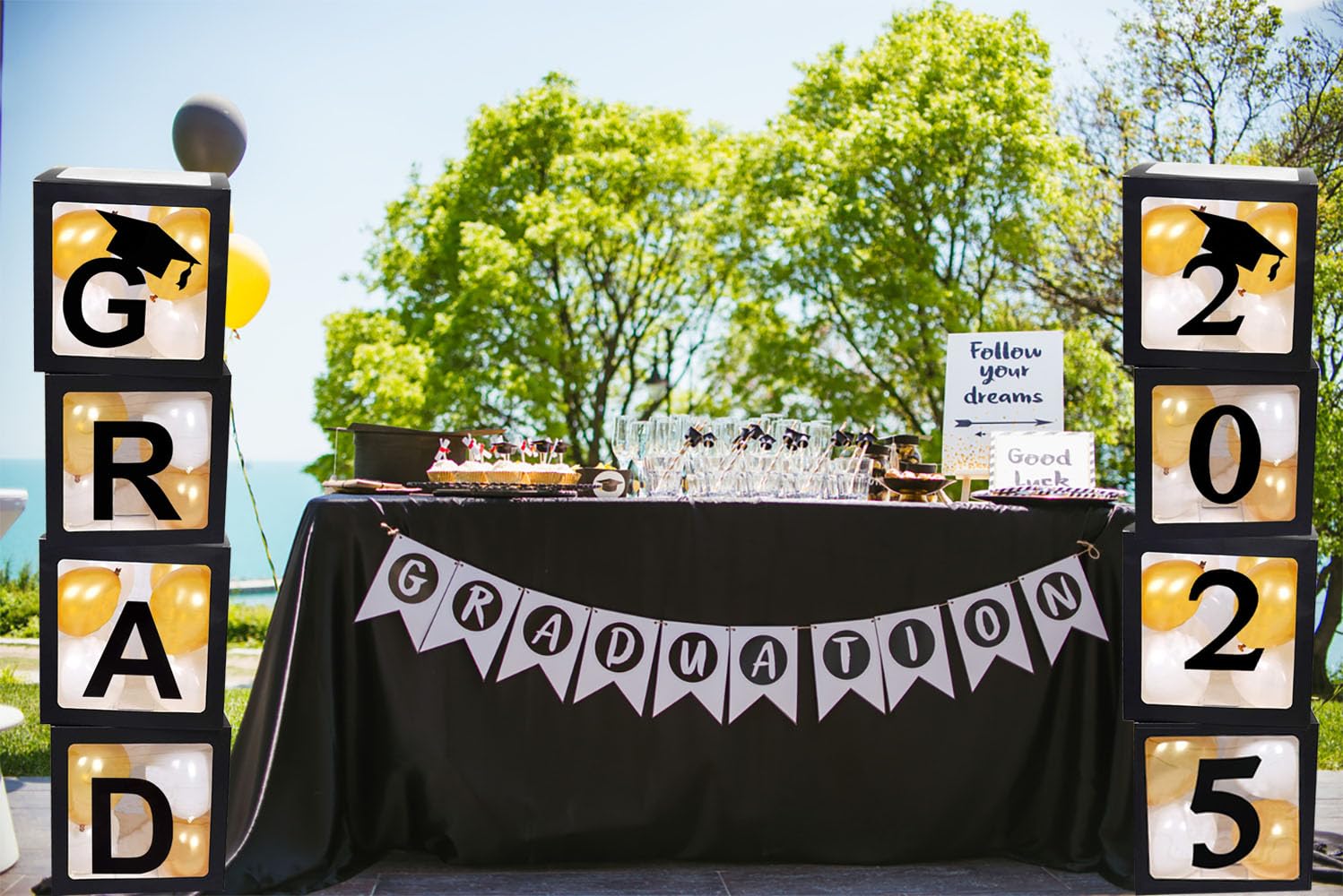 2024 2025 Graduation Party Decorations Graduate Balloon Boxes, 4 Pieces Black Balloon Boxes with Letters of GRAD, 2024/5 for Graduation Party Supplies, Class of 2024/5 School Grad Party Supplies