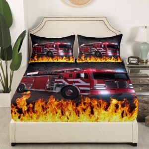 Erosebridal Firefighter Car Sheet Set Fire Truck Bed Sheets Queen Black Red Honeycomb Sheets for Teenagers Young Man Kids Boys Home Bedroom,Soft Cozy(1 Flat Sheet, 1 Fitted Sheet, 2 Pillowcases)