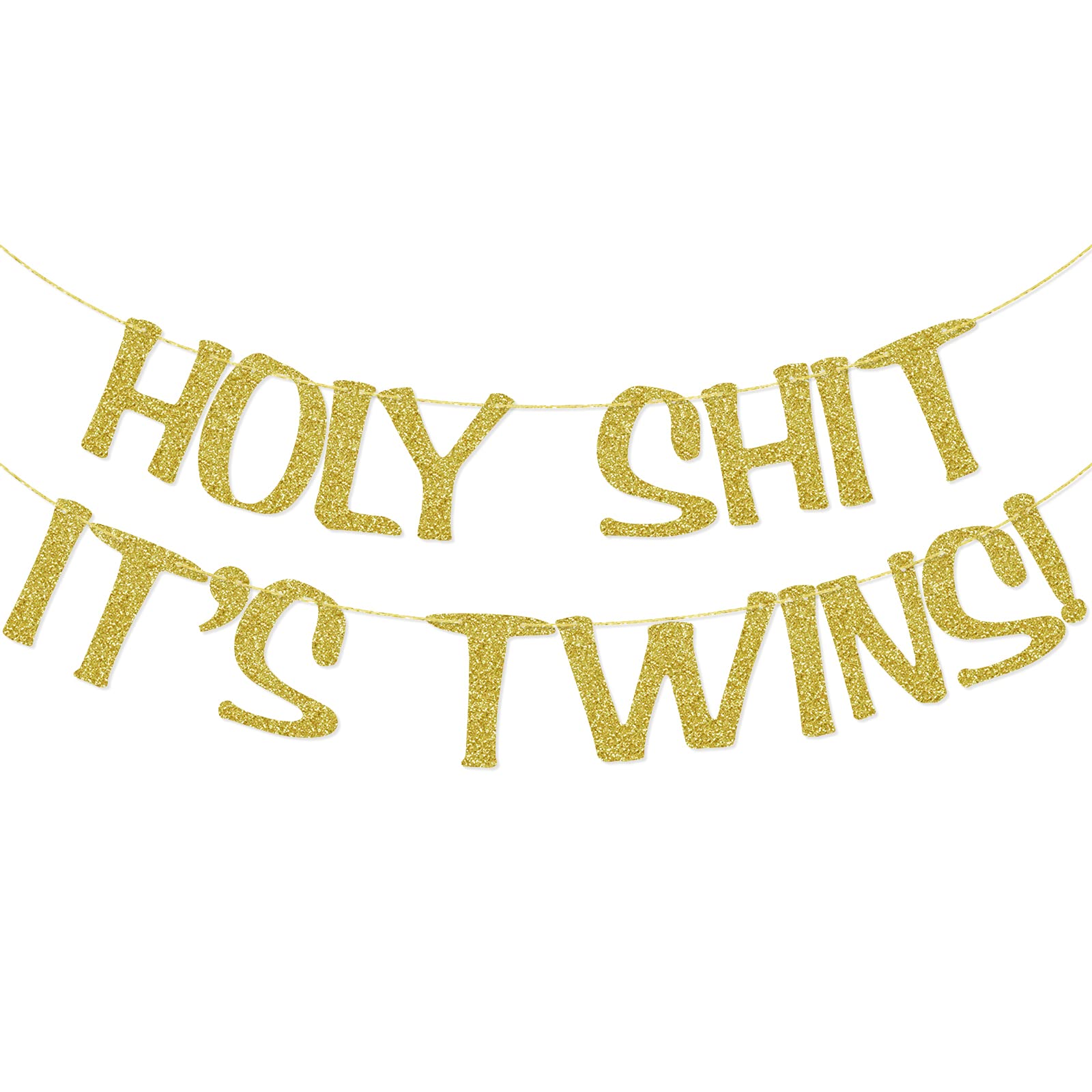 Holy Shit It's Twins Glitter Banner Baby Shower Gender Reveal Party Decorations Pregnancy Announcement Funny Sign Birthday Supplies (Gold)