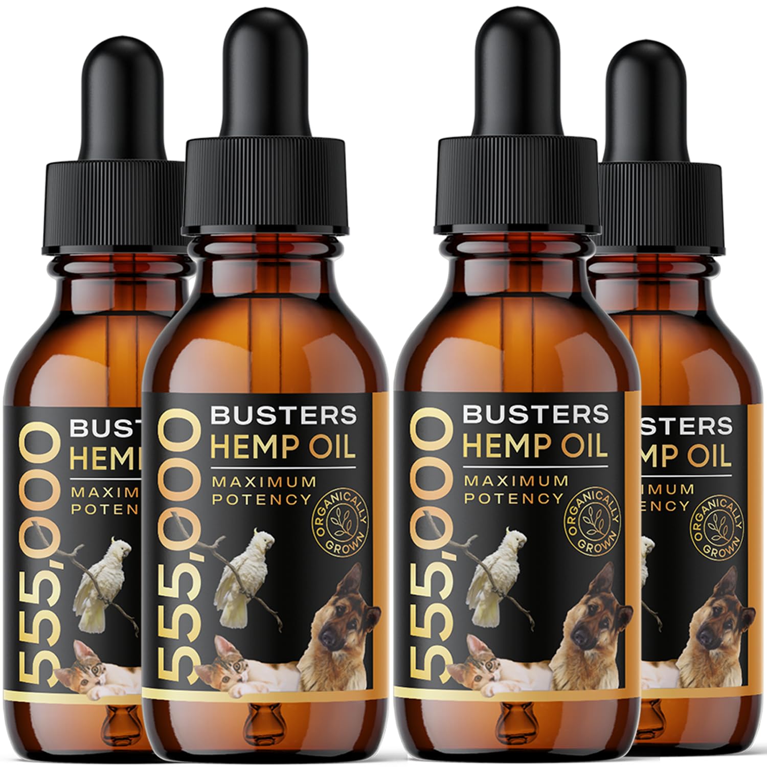 K2xLabs Buster's Organic Hemp Oil for Dogs and Pets, 4PACK-8MTH-supply, 555,000 Max Potency, Large 60ml Bottle, Made in USA - Miracle Formula, Perfectly Balanced Omega 3, 6, 9 - Joint Relief, Calming