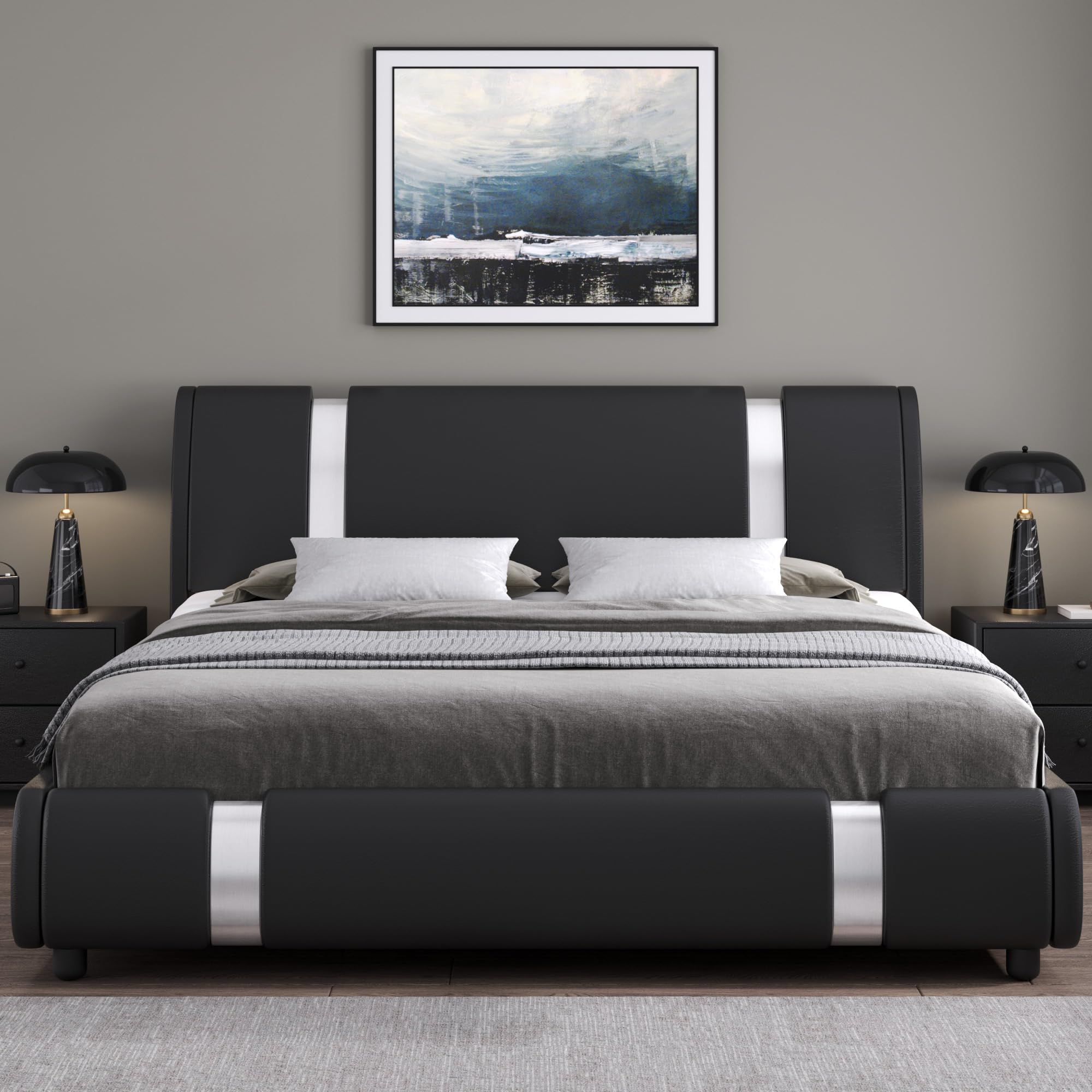 Keyluv Modern Faux Leather Upholstered Platform Bed Frame with Metal Decoration Headboard, Wooden Slats Support, No Box Spring Needed, Queen Size, Black