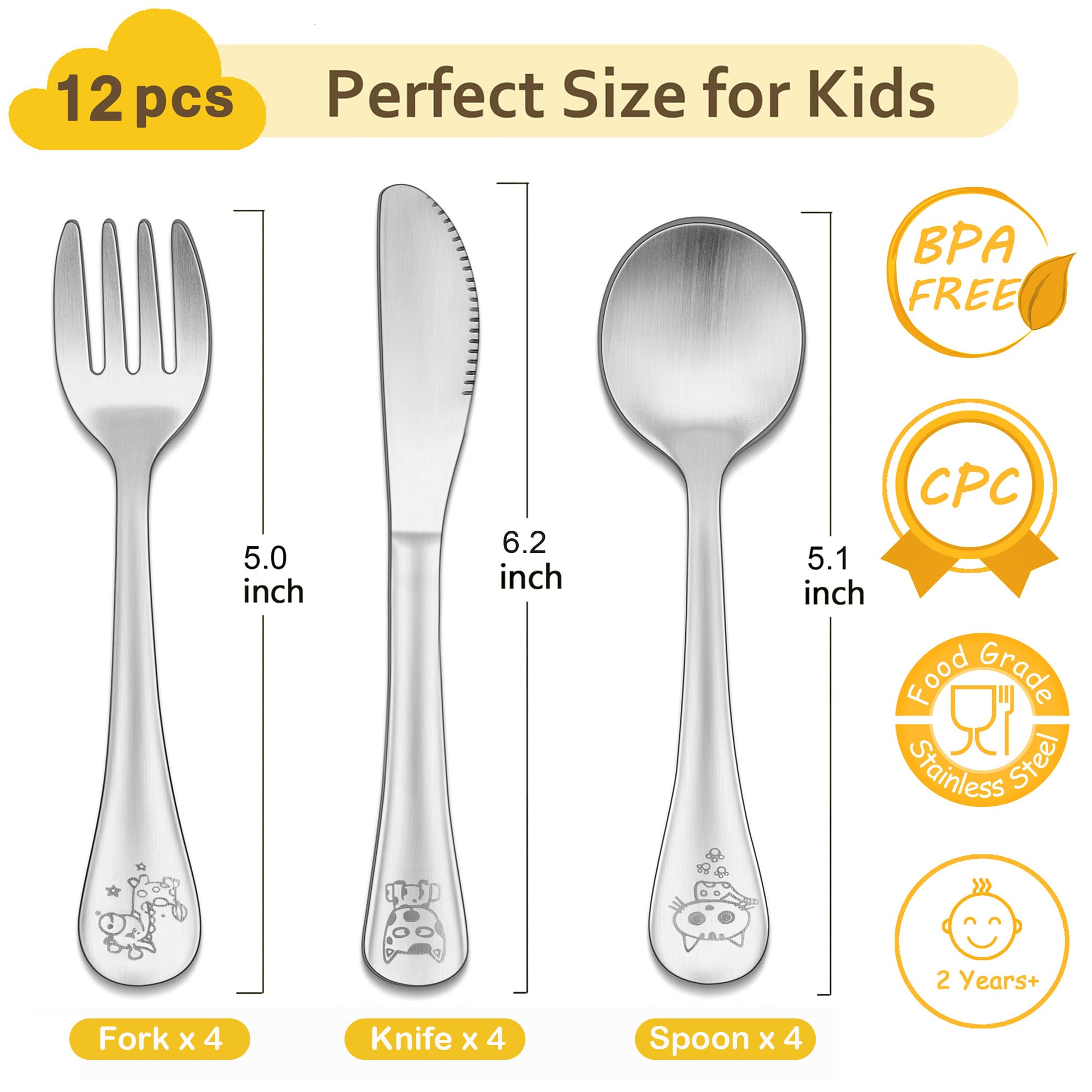 12-Piece Kids Silverware Set, LIANYU Toddler Utensils for 2-6 Year Old, Stainless Steel Preschooler Children Flatware Cutlery Set, Includes 4 Knives 4 Forks 4 Spoons, Dishwasher Safe