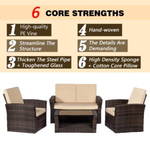 4 Pieces Patio Conversation Set, Outdoor PE Rattan Wicker Sofa Furniture Set with Soft Cushions and Glass Coffee Table for Backyard Lawn Garden Balcony Porch