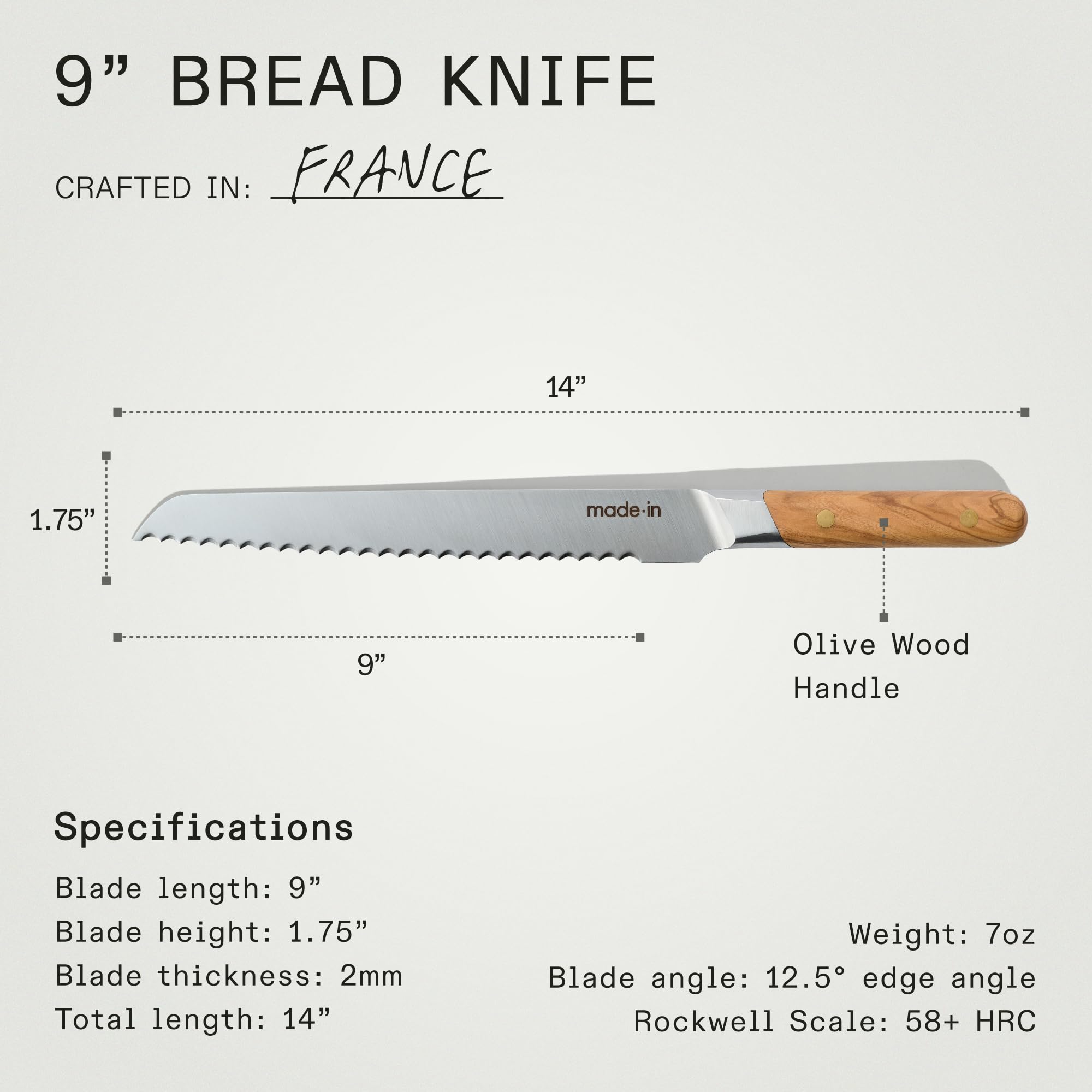 Made In Cookware - 9" Inch Bread Knife - Crafted in France - Full Tang With Olive Wood Handle