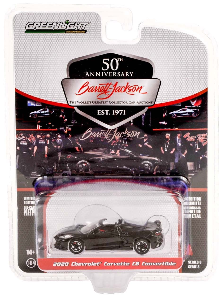 Collectibles Greenlight 37240-D Barrett-Jackson,Series 8 - 2020 Chevy Corvette C8 Convertible (Lot #3003) - Black with Adrenaline Red Interior 1/64 Scale