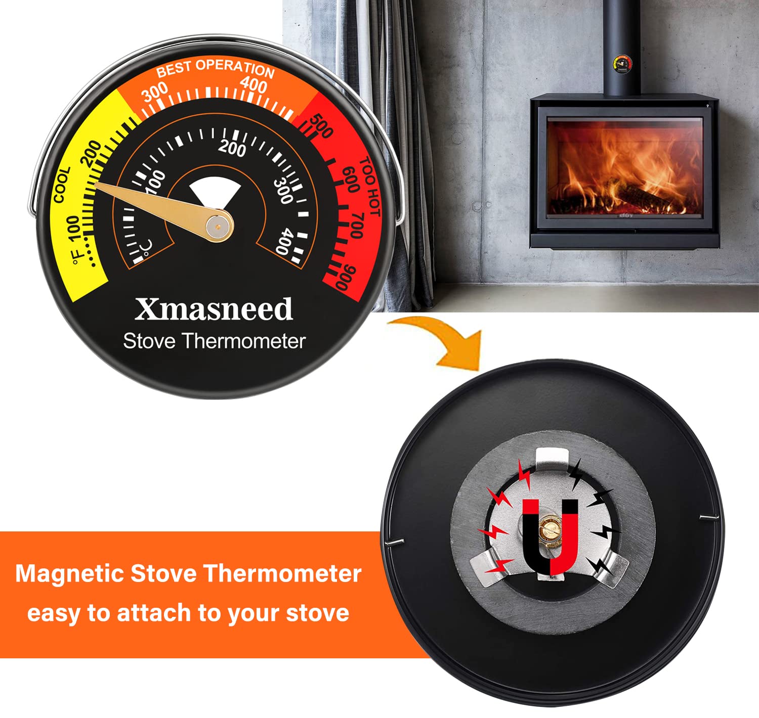 Wood Stove Thermometer Magnetic, Oven Stove Temperature Stove Top Thermometer for Wood Burning Stoves, Gas Stoves, Pellet Stove, Avoiding Stove Fan Damaged by Overheat