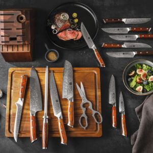 XINZUO Damascus 15-pc Kitchen Knife Set with Acacia Wood Knife Block, 67 Layers Damascus Steel Sharp Professional Cooking Knife Set -Multifunctional Kitchen Shears and Honing Steel -Rosewood Handle