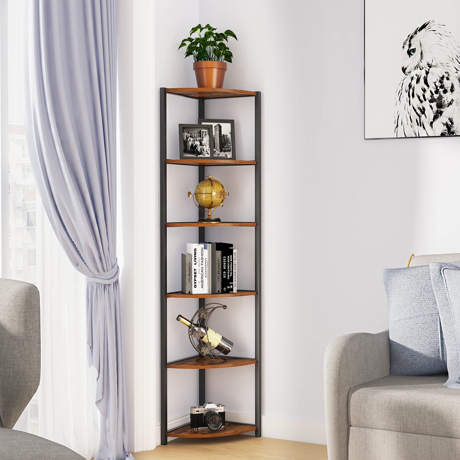 SogesHome 6-Tier Corner Shelf, Industrial Wood Corner Bookcase, Corner Storage Bookshelf Rack Shelves Stand for Kitchen, Living-Room, Bedroom, Small Spaces