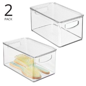 mDesign Deep Plastic Bathroom Storage Bin Box, Lid/Built-in Handles, Organization for Makeup, Hair Styling Tools, Toiletry Accessories in Cabinet, Shelves, Ligne Collection, 2 Pack, Clear